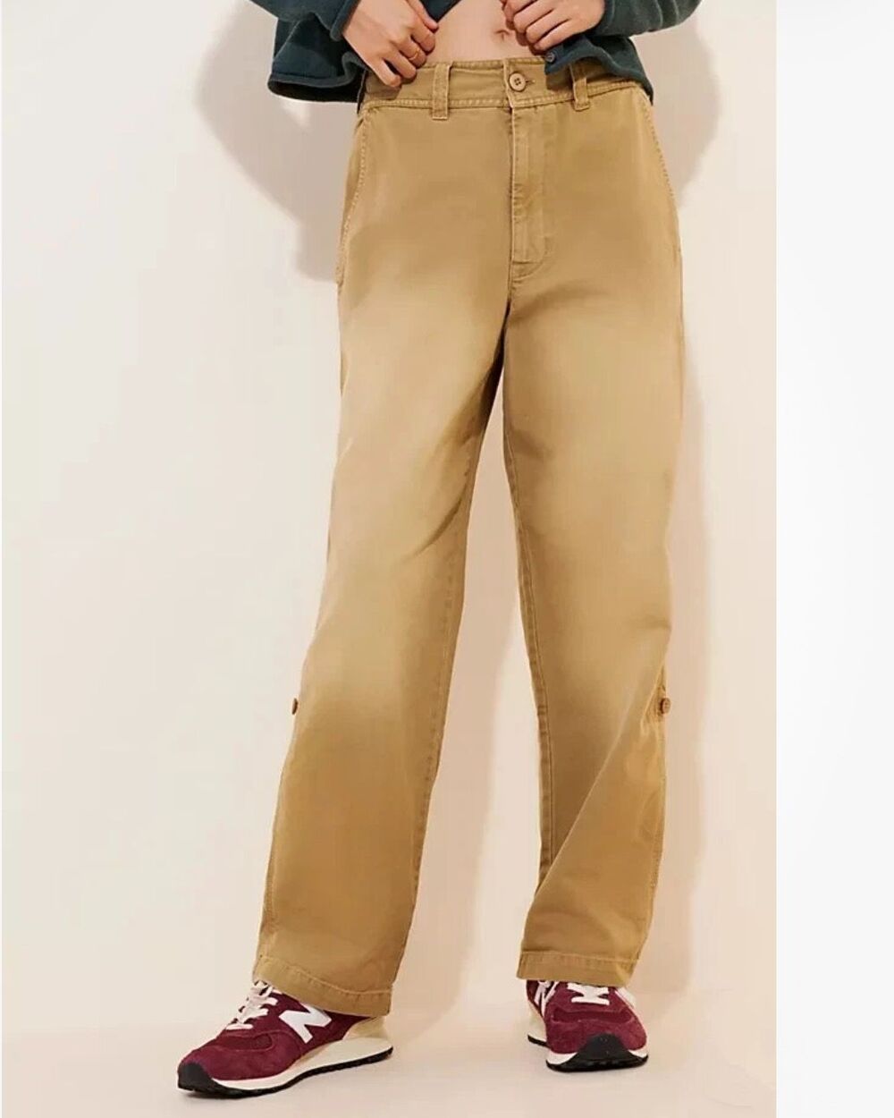 Free People Cleo Washed Chino Pants Straight Leg Tan Khaki Cargo Roll Cotton 4